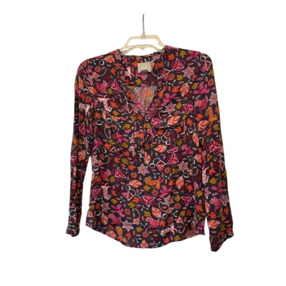 Maeve Anthropologie Blouse Size 2 Floral Woodland Cottagecore Boho Long Sleeve
